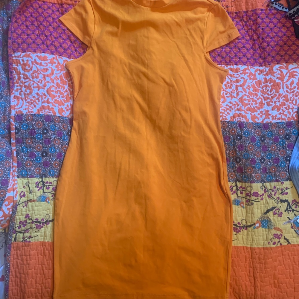 Neon Orange Mock Neck Solid Dress